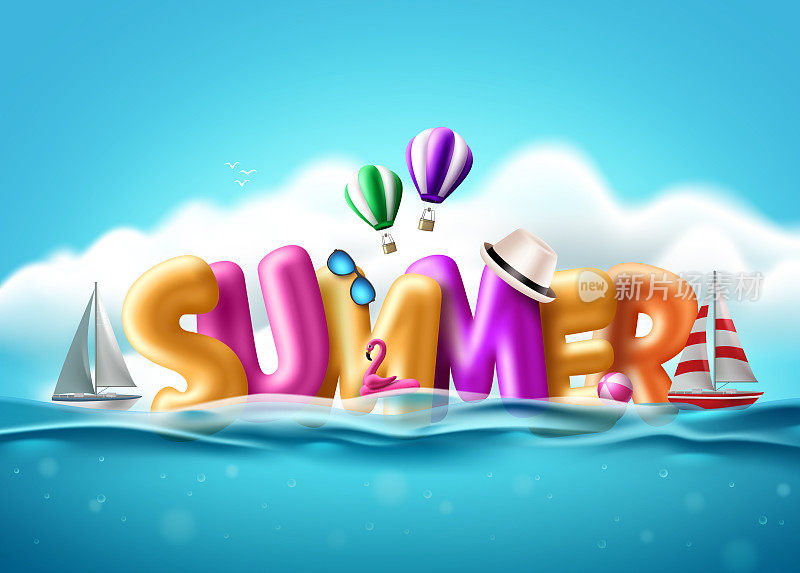 Summer balloon text vector design. 夏季3d文本气球漂浮在水与海滩元素